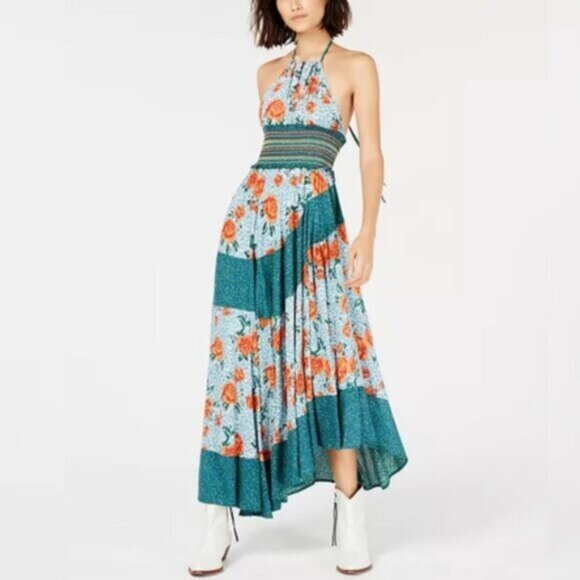 NWT Free People Pleated Halter Sundress in Blue and Orange Midi Dress - Picture 16 of 16